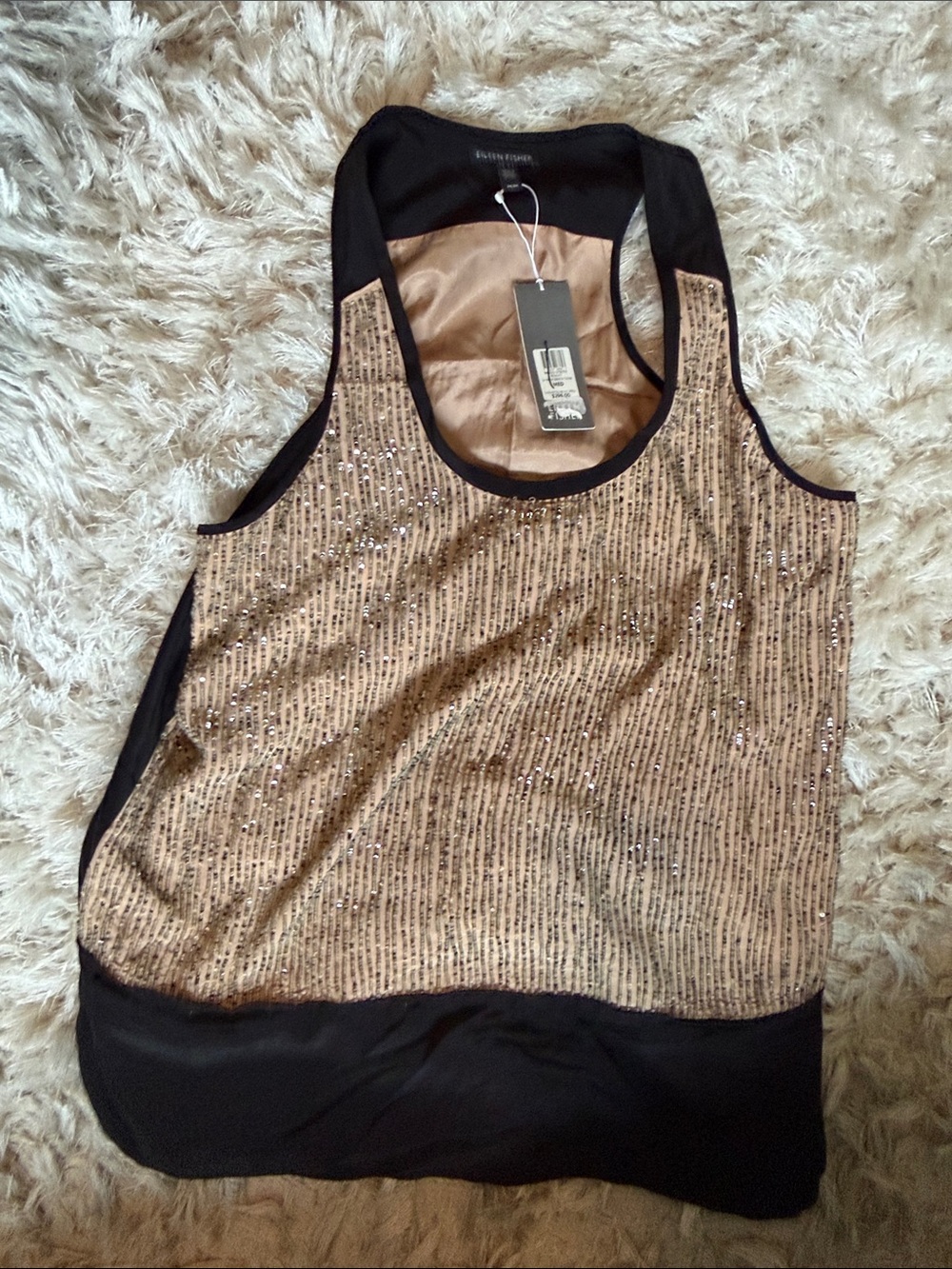 Eileen Fisher Beige Sequin Front Tank with Black Trim